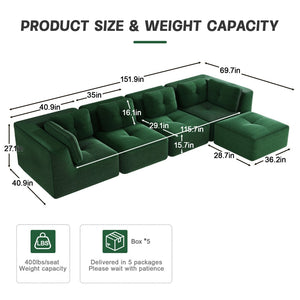 English Elm Modern Corduroy Sectional Sofa with Movable Ottoman Deep Seat Tufted Living Room Couch Green W714S01799