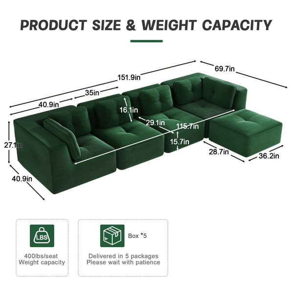 English Elm Modern Corduroy Sectional Sofa with Movable Ottoman Deep Seat Tufted Living Room Couch Green W714S01799