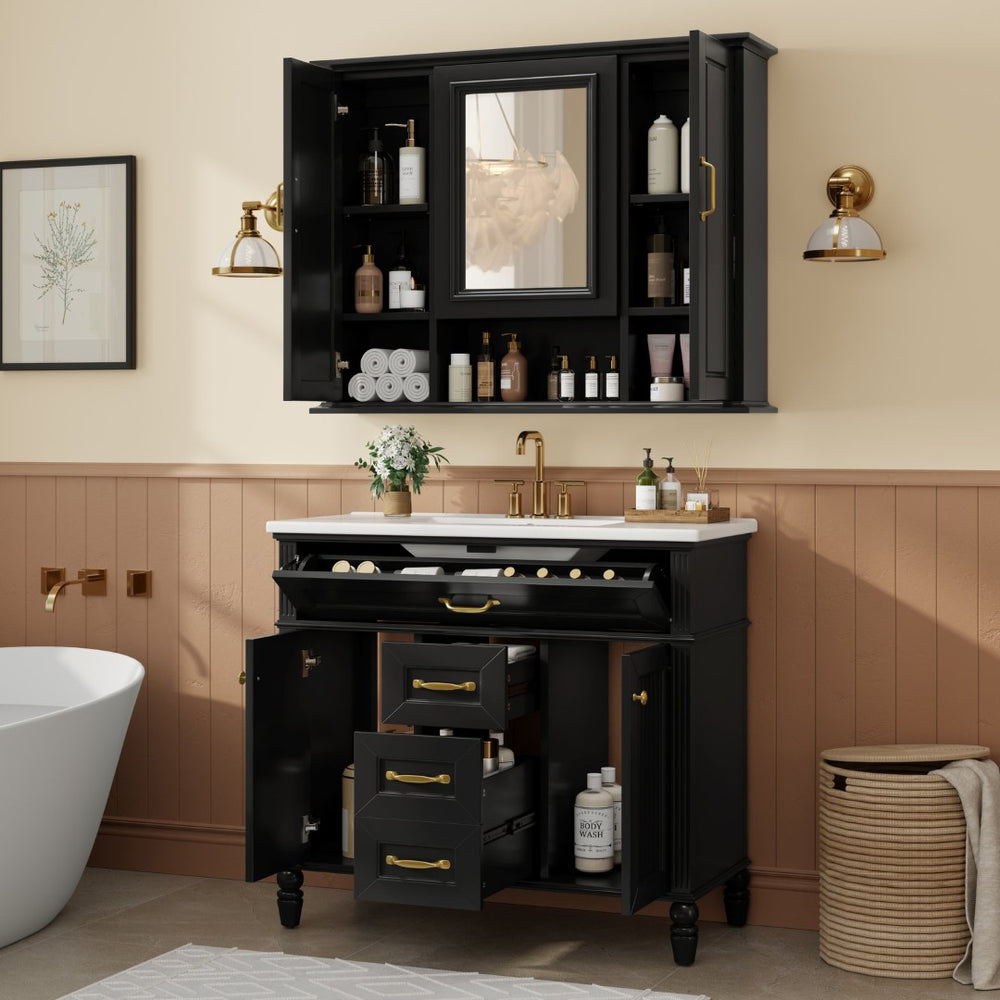 English Elm 36" Freestanding Single Sink Bathroom Vanity Rubberwood Cabinet with Matching Mirror Black N725S314034B