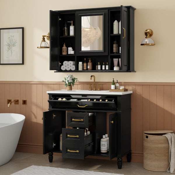 English Elm 36" Freestanding Single Sink Bathroom Vanity Rubberwood Cabinet with Matching Mirror Black N725S314034B