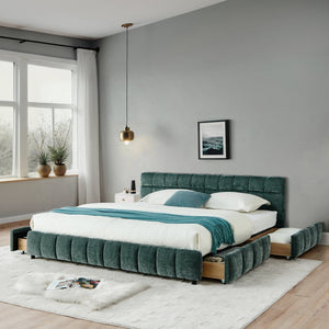 English Elm California King Platform Storage Bed Chenille Upholstered Frame Modern Bedroom Blue+Green W487S00523