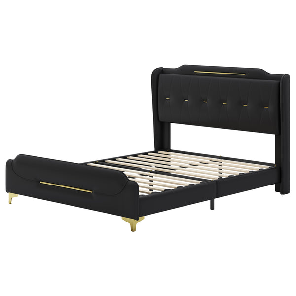 English Elm Christopher Knight Home® - Queen PU Leather Bed with Wingback Headboard & Footboard, Gold Accent Platform, 12 Slats, Sturdy Support Black 64 L x 21 W x 9.25 H N761P205938B