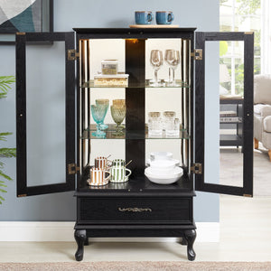 English Elm Lighted Curio Cabinet with Vintage Carved Handles, LED Display, Adjustable Shelves & Hidden Drawer 40" W2275P389711