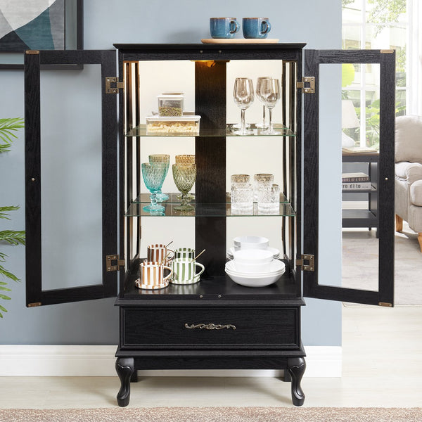 English Elm Lighted Curio Cabinet with Vintage Carved Handles, LED Display, Adjustable Shelves & Hidden Drawer 40" W2275P389711