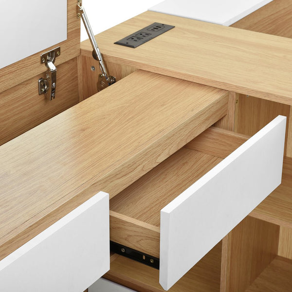 English Elm Full Size Wooden Platform Bed With 6 Drawers, Open Shelves & Dressing Table - Stylish & Functional! N820S00059N