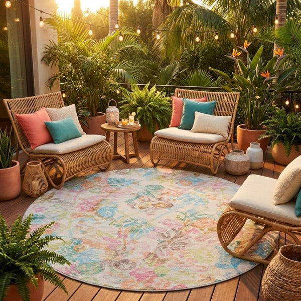 8 Ft Round Floral Polyester Rug Stain Resistant for Indoor Outdoor Living