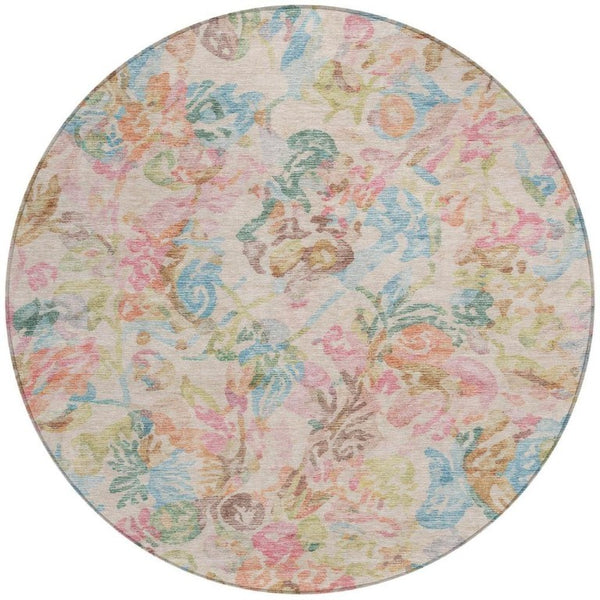 HomeRoots 8 Ft Round Floral Polyester Rug Stain Resistant for Indoor Outdoor Living 739000