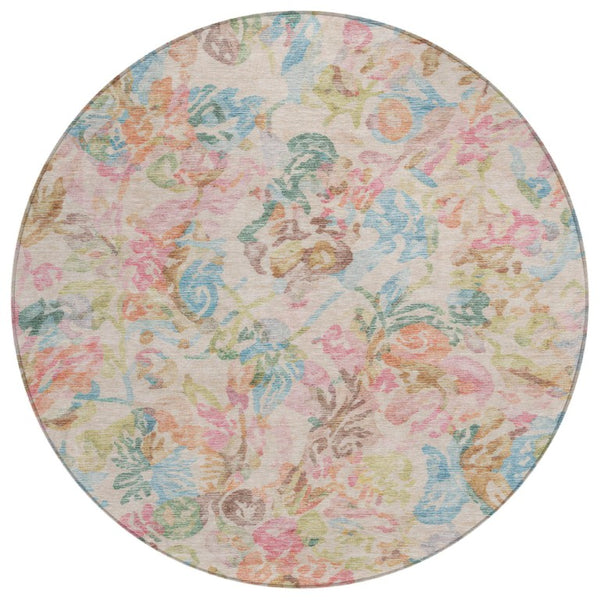 8 Ft Round Floral Polyester Rug Stain Resistant for Indoor Outdoor Living