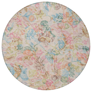 8 Ft Round Floral Polyester Rug Stain Resistant for Indoor Outdoor Living