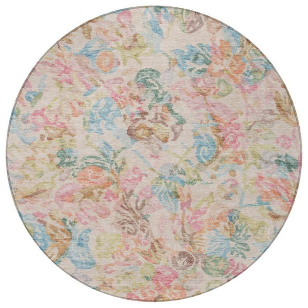 8 Ft Round Floral Polyester Rug Stain Resistant for Indoor Outdoor Living