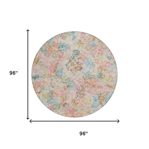 8 Ft Round Floral Polyester Rug Stain Resistant for Indoor Outdoor Living