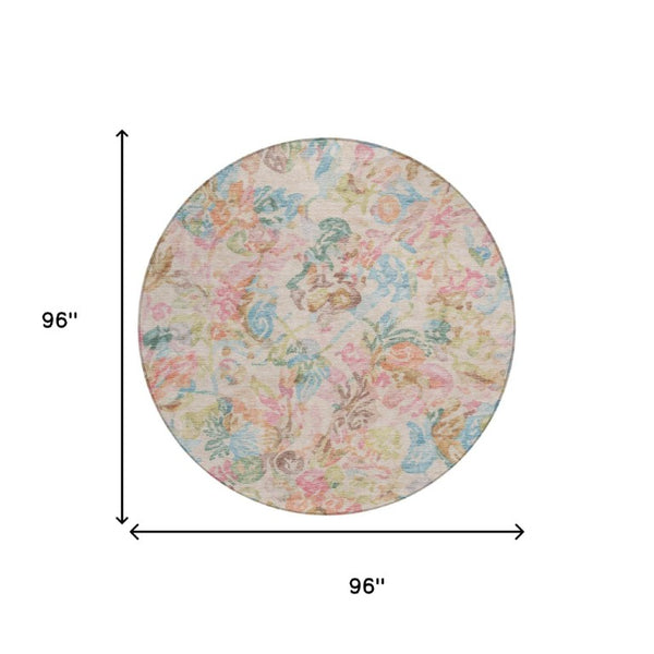 8 Ft Round Floral Polyester Rug Stain Resistant for Indoor Outdoor Living