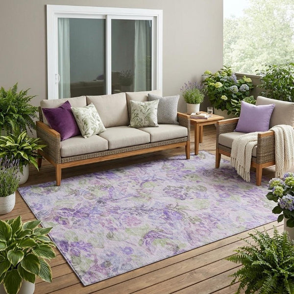 5 X 8 Plum Floral Polyester Area Rug Washable Stain Resistant for Patio or Living Room