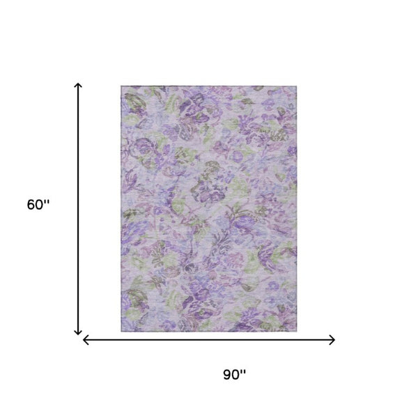 5 X 8 Plum Floral Polyester Area Rug Washable Stain Resistant for Patio or Living Room