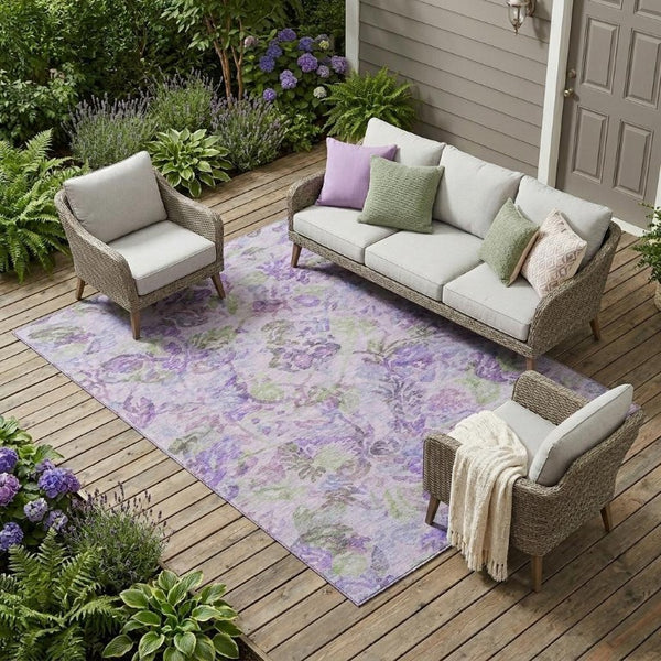 9 X 12 Plum Floral Polyester Area Rug Washable Stain Resistant for Patio or Living Room