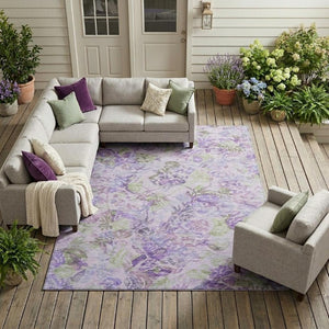 10 X 14 Floral Polyester Area Rug Washable Stain Resistant Indoor Outdoor Plum