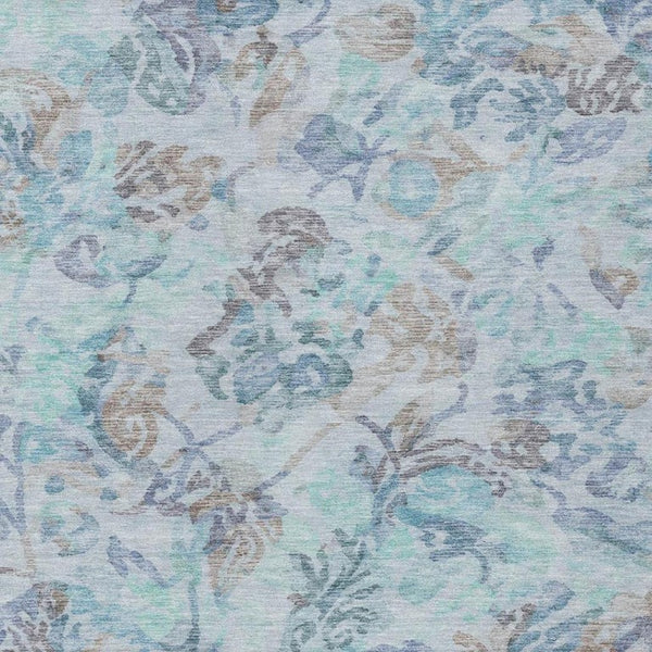 5 X 8 Teal Silver Floral Polyester Area Rug Washable Stain Resistant Patio Porch