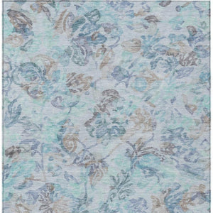 5 X 8 Teal Silver Floral Polyester Area Rug Washable Stain Resistant Patio Porch