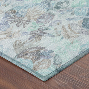 5 X 8 Teal Silver Floral Polyester Area Rug Washable Stain Resistant Patio Porch