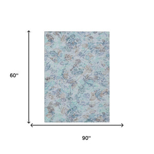 5 X 8 Teal Silver Floral Polyester Area Rug Washable Stain Resistant Patio Porch