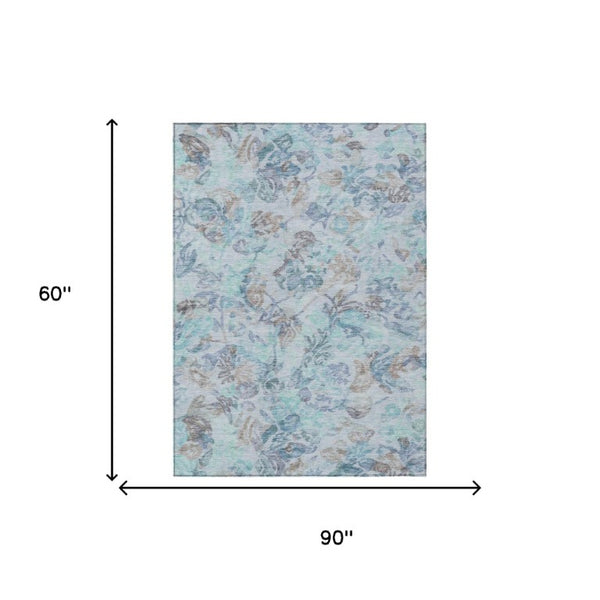 5 X 8 Teal Silver Floral Polyester Area Rug Washable Stain Resistant Patio Porch