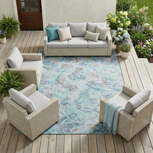 8x10 Floral Polyester Area Rug Teal Silver Washable Stain Resistant Patio Living Room