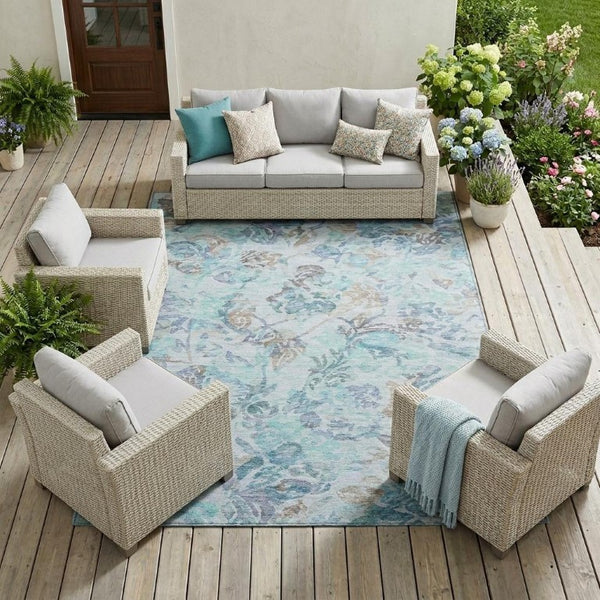 8x10 Floral Polyester Area Rug Teal Silver Washable Stain Resistant Patio Living Room