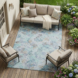 10 X 14 Floral Polyester Area Rug Stain Resistant Indoor Outdoor Teal Silver