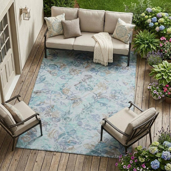 10 X 14 Floral Polyester Area Rug Stain Resistant Indoor Outdoor Teal Silver