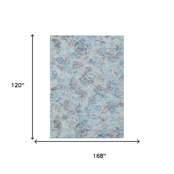 10 X 14 Floral Polyester Area Rug Stain Resistant Indoor Outdoor Teal Silver