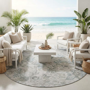 8 Foot Round Floral Polyester Area Rug for Patio Porch or Family Room in Taupe