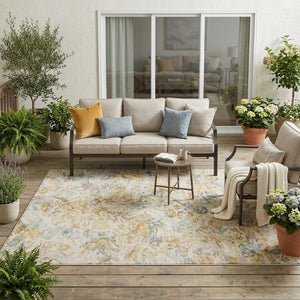 5 X 8 Wheat Gold Floral Polyester Area Rug Washable Stain Resistant Indoor Outdoor