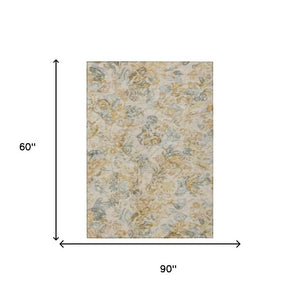 5 X 8 Wheat Gold Floral Polyester Area Rug Washable Stain Resistant Indoor Outdoor