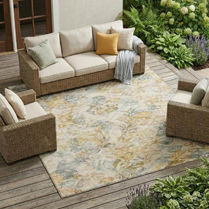 8 X 10 Wheat Gold Floral Polyester Area Rug Washable Stain Resistant Indoor Outdoor