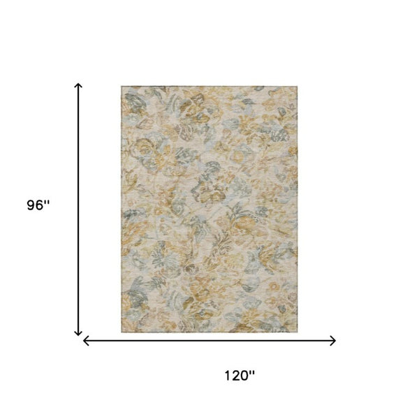 8 X 10 Wheat Gold Floral Polyester Area Rug Washable Stain Resistant Indoor Outdoor