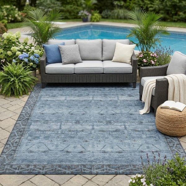 5x8 Blue Gray Tribal Polyester Area Rug Washable Stain Resistant Indoor Outdoor Use