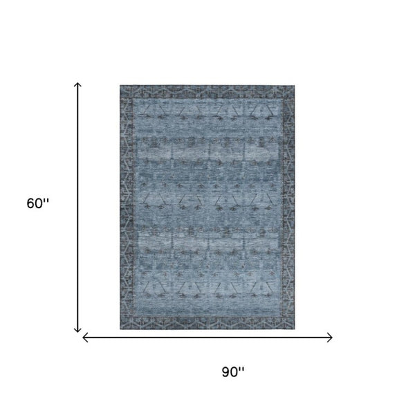 5x8 Blue Gray Tribal Polyester Area Rug Washable Stain Resistant Indoor Outdoor Use
