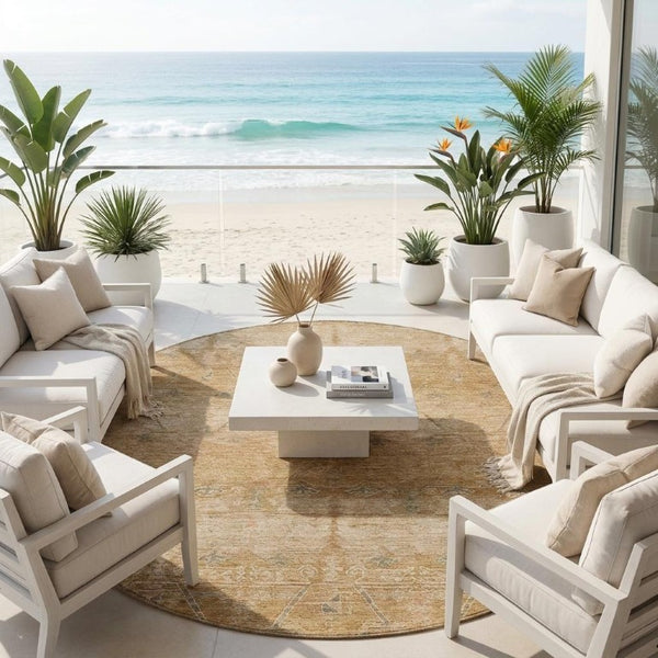 8 Foot Round Tribal Geometric Polyester Area Rug for Patio Kitchen and High Traffic Zones