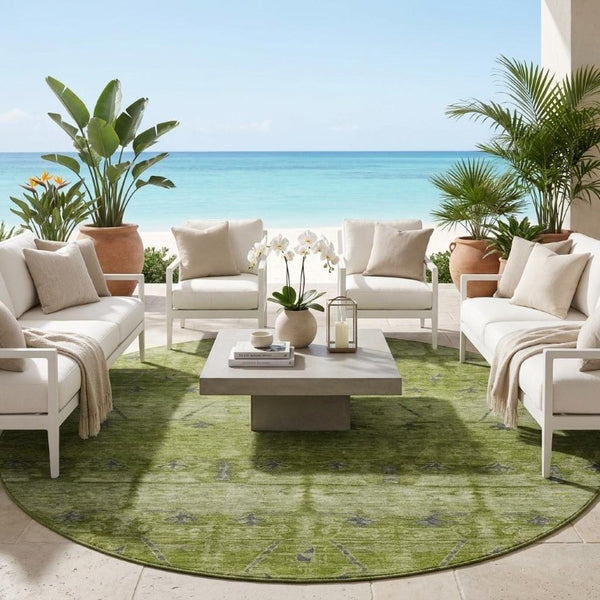 8 Foot Round Tribal Geometric Polyester Rug Stain Resistant for Patio or Entryway