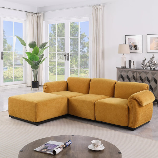 English Elm 102 Inch Linen Modular Sectional Sofa with Hidden Storage and Cloud Cushion Comfort Yellow W1099S00197