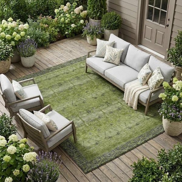 9 X 12 Olive Tribal Polyester Area Rug Stain Resistant for Patio or Living Room