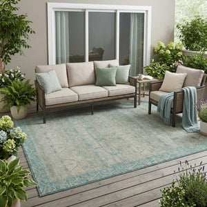 5 X 8 Teal Pewter Tribal Polyester Area Rug Stain Resistant for Patio or Living Room