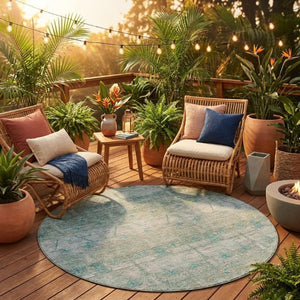 8 Ft Round Tribal Geometric Polyester Indoor Outdoor Rug Teal Stain Resistant