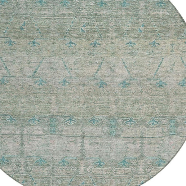 8 Ft Round Tribal Geometric Polyester Indoor Outdoor Rug Teal Stain Resistant