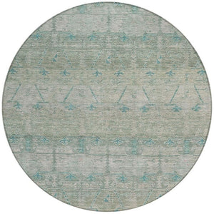 8 Ft Round Tribal Geometric Polyester Indoor Outdoor Rug Teal Stain Resistant