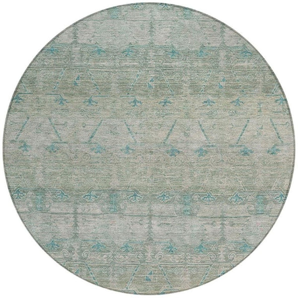 8 Ft Round Tribal Geometric Polyester Indoor Outdoor Rug Teal Stain Resistant