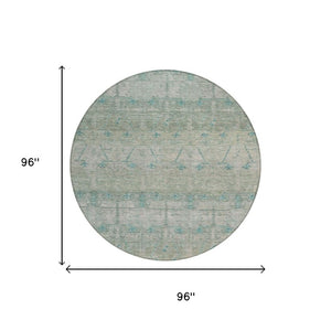 8 Ft Round Tribal Geometric Polyester Indoor Outdoor Rug Teal Stain Resistant