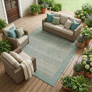 9 X 12 Teal Pewter Tribal Polyester Area Rug Washable for Patio or Living Room