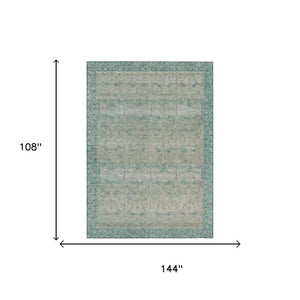 9 X 12 Teal Pewter Tribal Polyester Area Rug Washable for Patio or Living Room