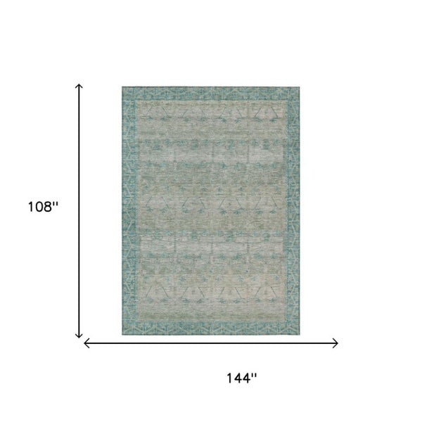 9 X 12 Teal Pewter Tribal Polyester Area Rug Washable for Patio or Living Room